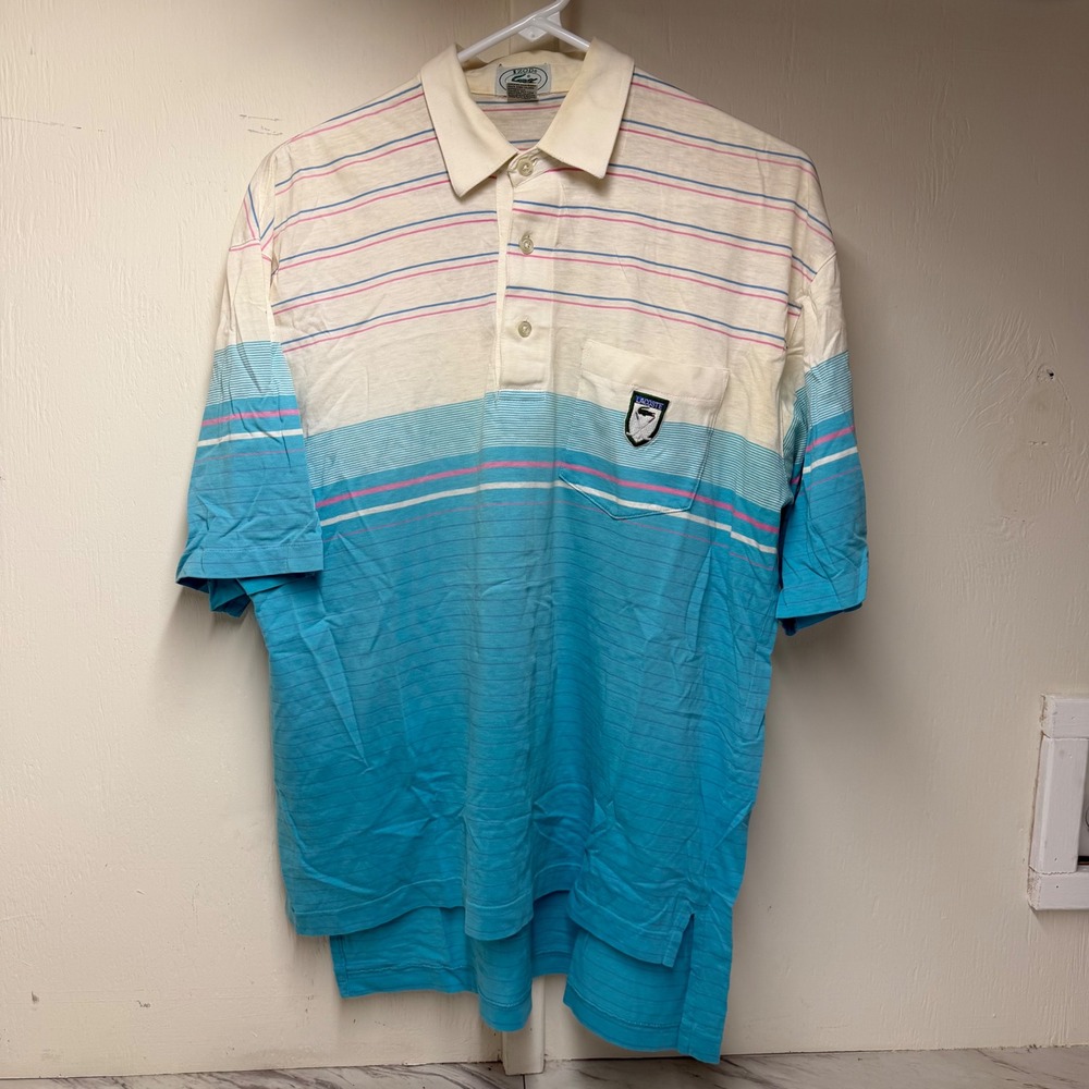 Vintage Izod Lacoste Mens Striped Polo Shirt Blue Cream Pink Crest Pocket M